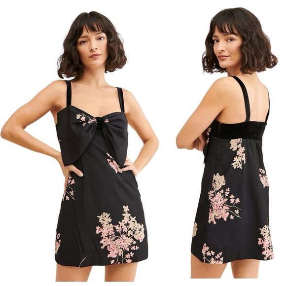 Free People Floral Bow Front Babydoll Mini Dress Empire Waist Coquette Y2K Sz S - Picture 1 of 13